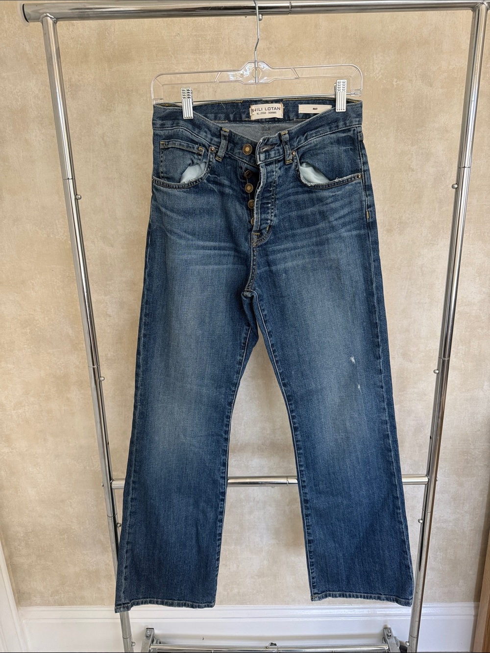 Nili Lotan Juliet style Jeans.  Straight-Leg Jeans in Medium Blue with Button Fl